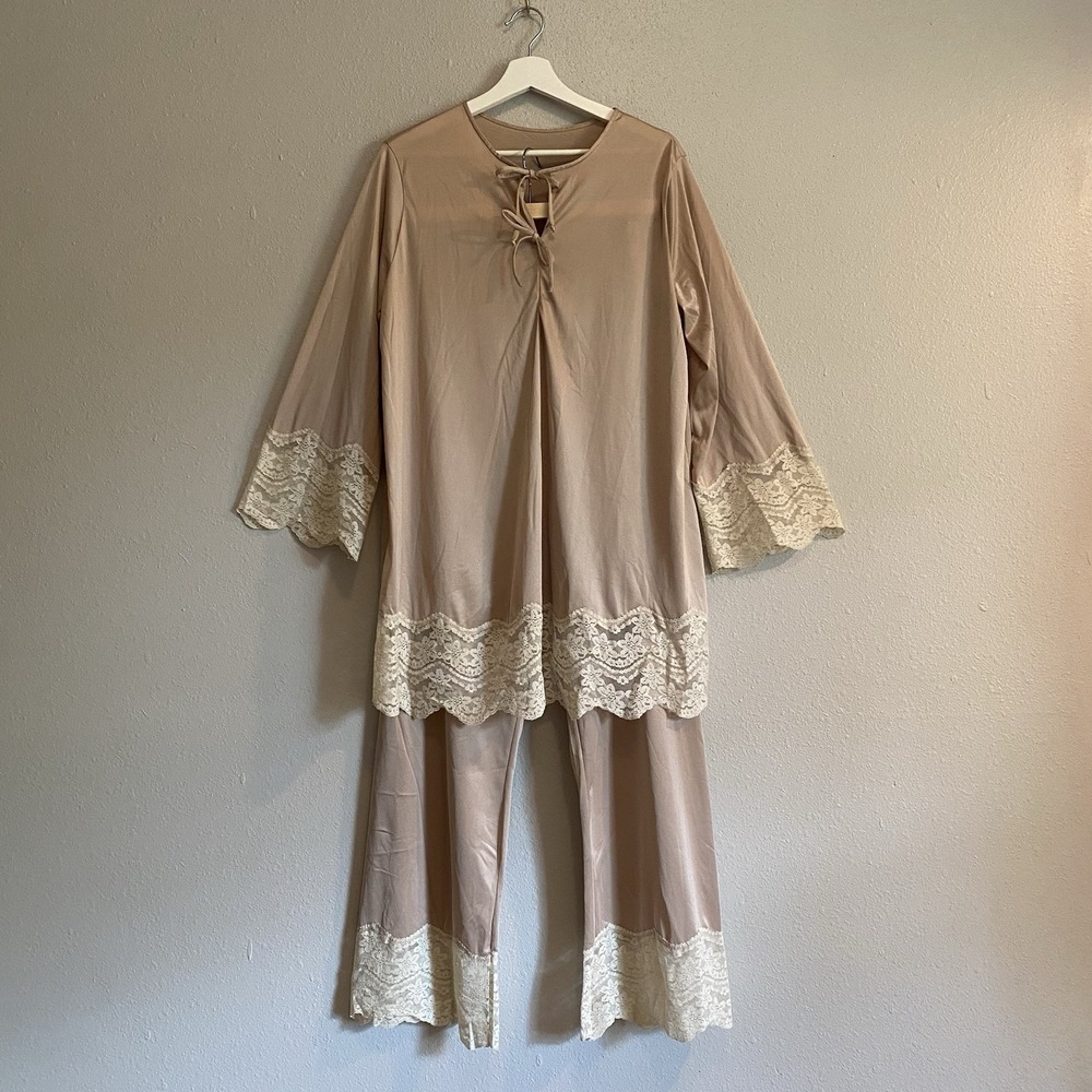 Vtg 70s Gilead‎ 2pc Pajama Set Mint Champagne Lace Angel Sleeve Loungewear Large